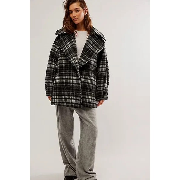 Free People Highlands Wool Peacoat Women's Small Gray Plaid Collared Oversized